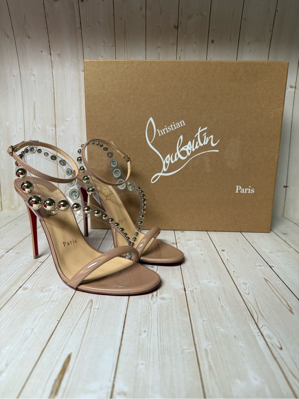 Christian Louboutin Corinetta Stud Strap Sandal Nude Sz 38 / 8